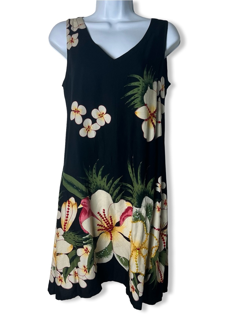 Vintage 90s Peppermint Bay Beaded‎ Tropical Floral Border Dress Black Sz. M